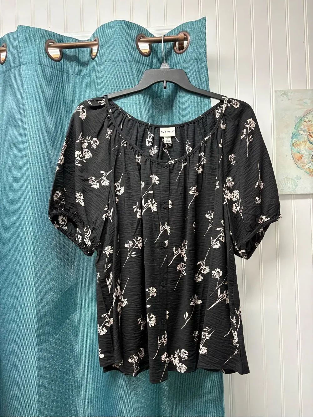 NWT Ava & Viv Short Sleeve Black & Tan Button Down Top Size 1X